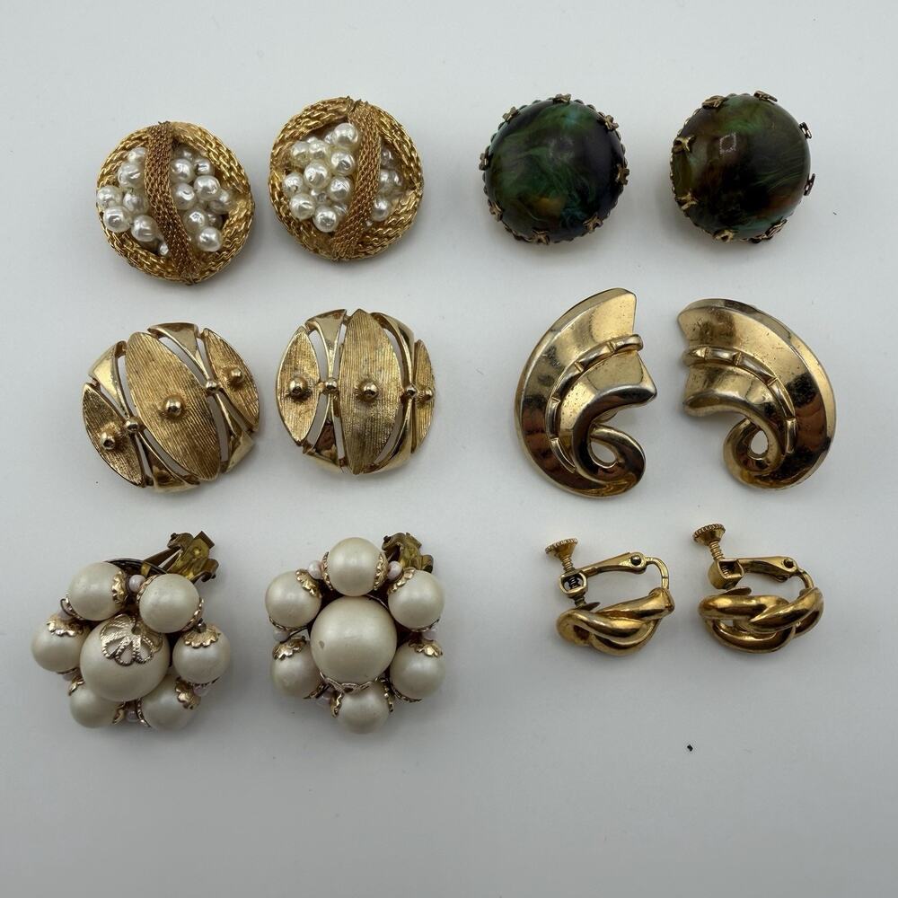 Vintage Clip On Earrings Lot 6 Pairs Monet Napier Sarah Coventry Gold Tone